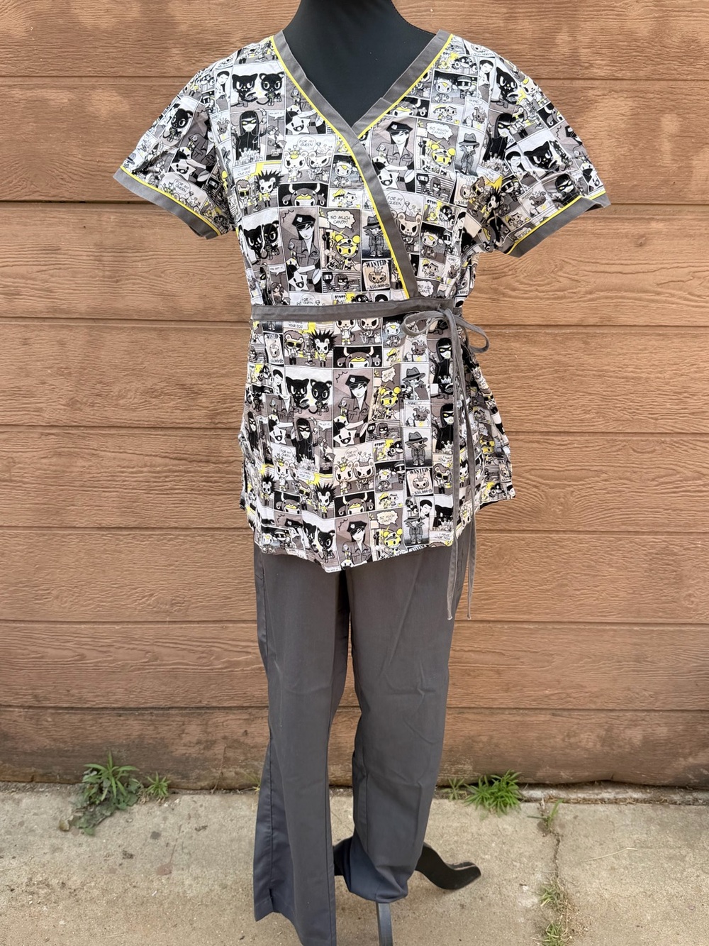 Tokidoki Comic Print Wrap Scrub Top with Gray Scrub Pants